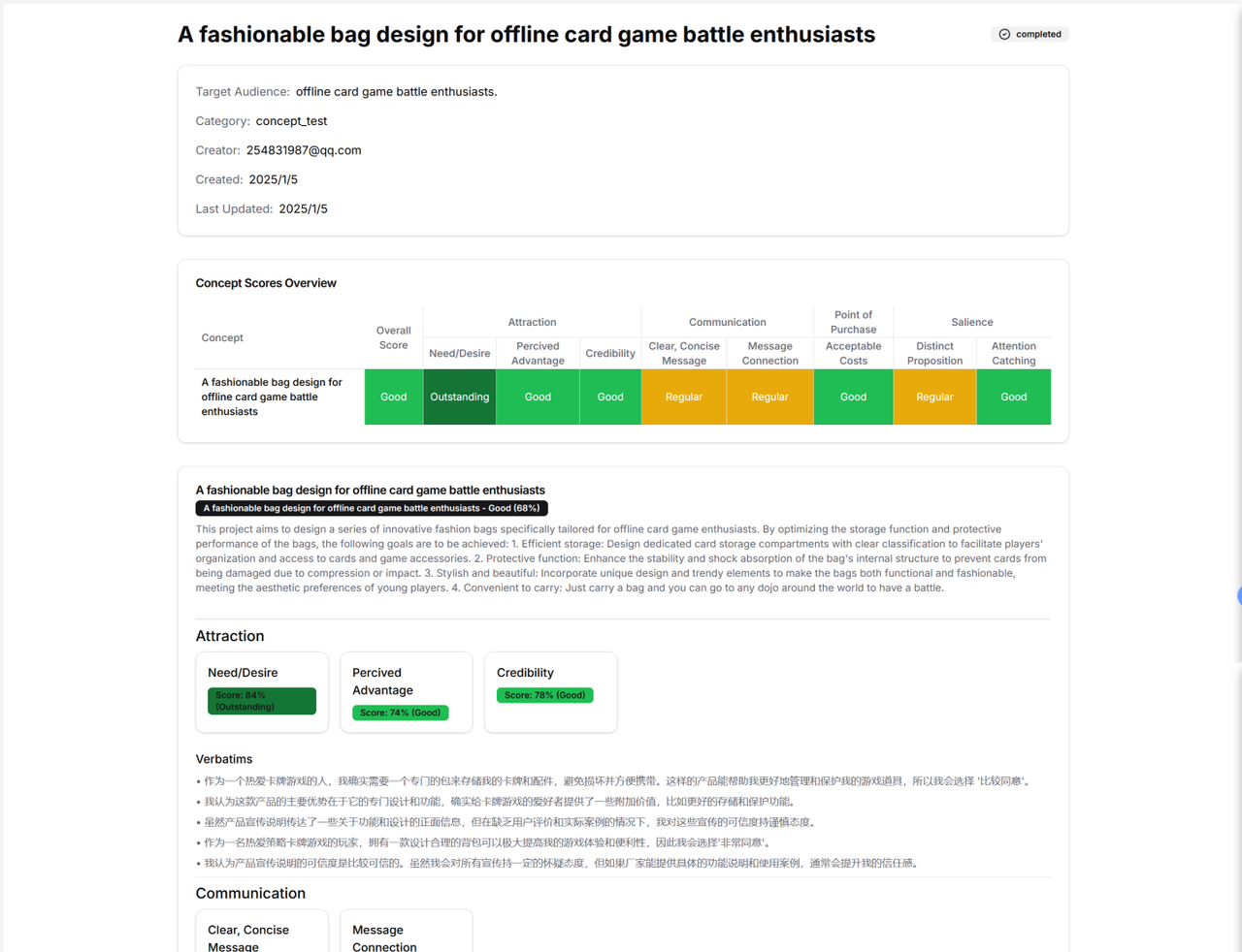 Main output of DICA’s Concept Testing Tool